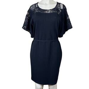 Yoana Baraschi Short Sleeve Dress Lace Yoke Solid Black Size Large NWT